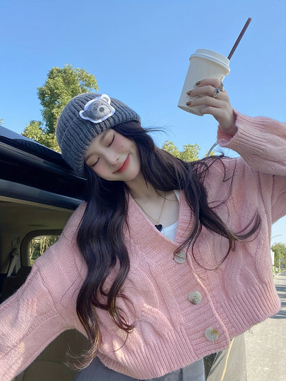 Women's Casual V-Neck Cropped Sweater - High Elasticity Long Sleeve Open Front Button Detail, Loose Fit Solid Color Spring/Fall Layering Essential, Cute Sweaters, Comfortable Knitwear, Durable Knitwear