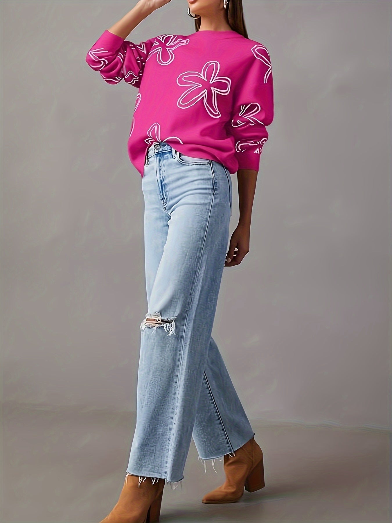 Long Sleeve Floral Print Cable Knit Casual Crewneck Sweaters For Women Pullover Sweater Tops