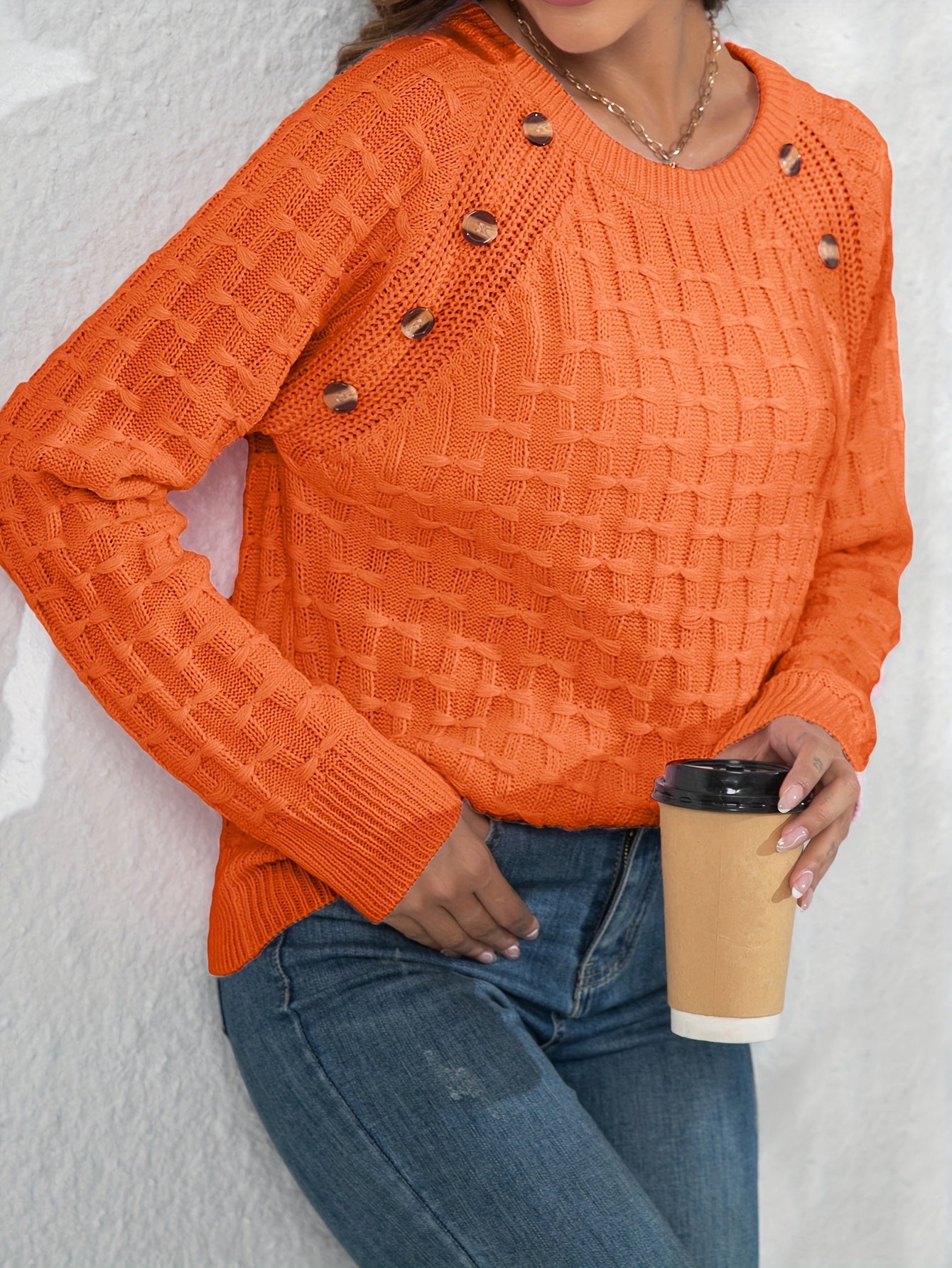 Women's Elegant 3D Bow Button Detail Sweater - Soft Long Sleeve Round Neck Pullover, Solid Color Regular Fit Fall Winter Cozy Top, Cute Sweaters