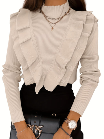 [Cute Ruffle Sweater] Cozy Cute Women's Ruffle Sweaters | Mock Neck Fitted Pullover Sweater Tops
