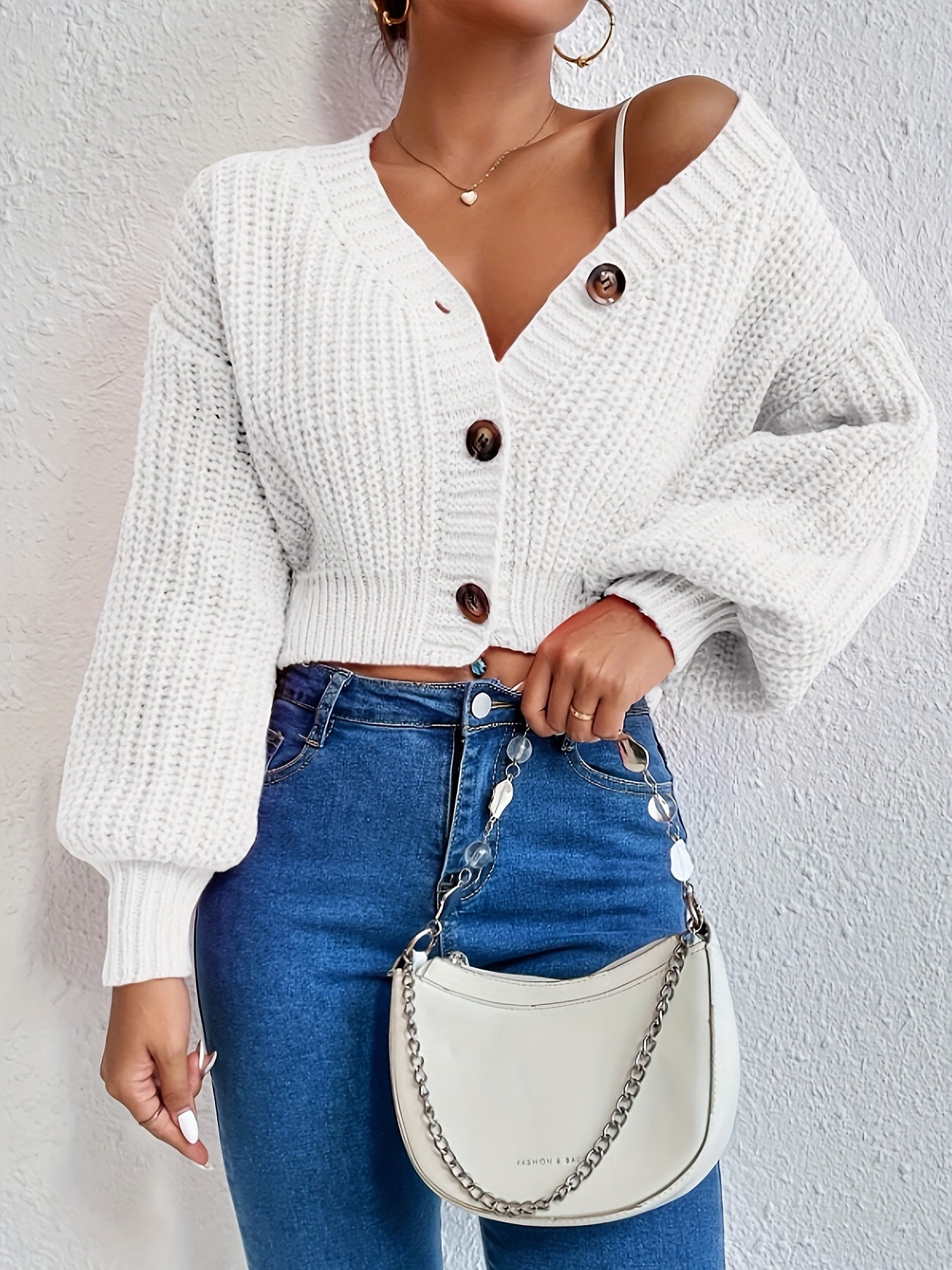 Women's Casual Button-Front Open Collar Sweater with Lantern Sleeves - High Elasticity Drop Shoulder Pullover, Solid Color Fall Winter Knit Top for Casual Attire, Casual Winter Wear | Buttonfront Cardigan | Soft Texture Sweat