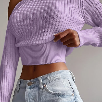 Solid Color Women's Sexy Off-Shoulder Ribbed Sweater - Long Sleeve Cropped Pullover with Medium Stretch, Casual Chic Top for Spring & Fall, Cute Sweaters, Elegant Layering Piece, Breezy Knitwear, Comfortable Fit