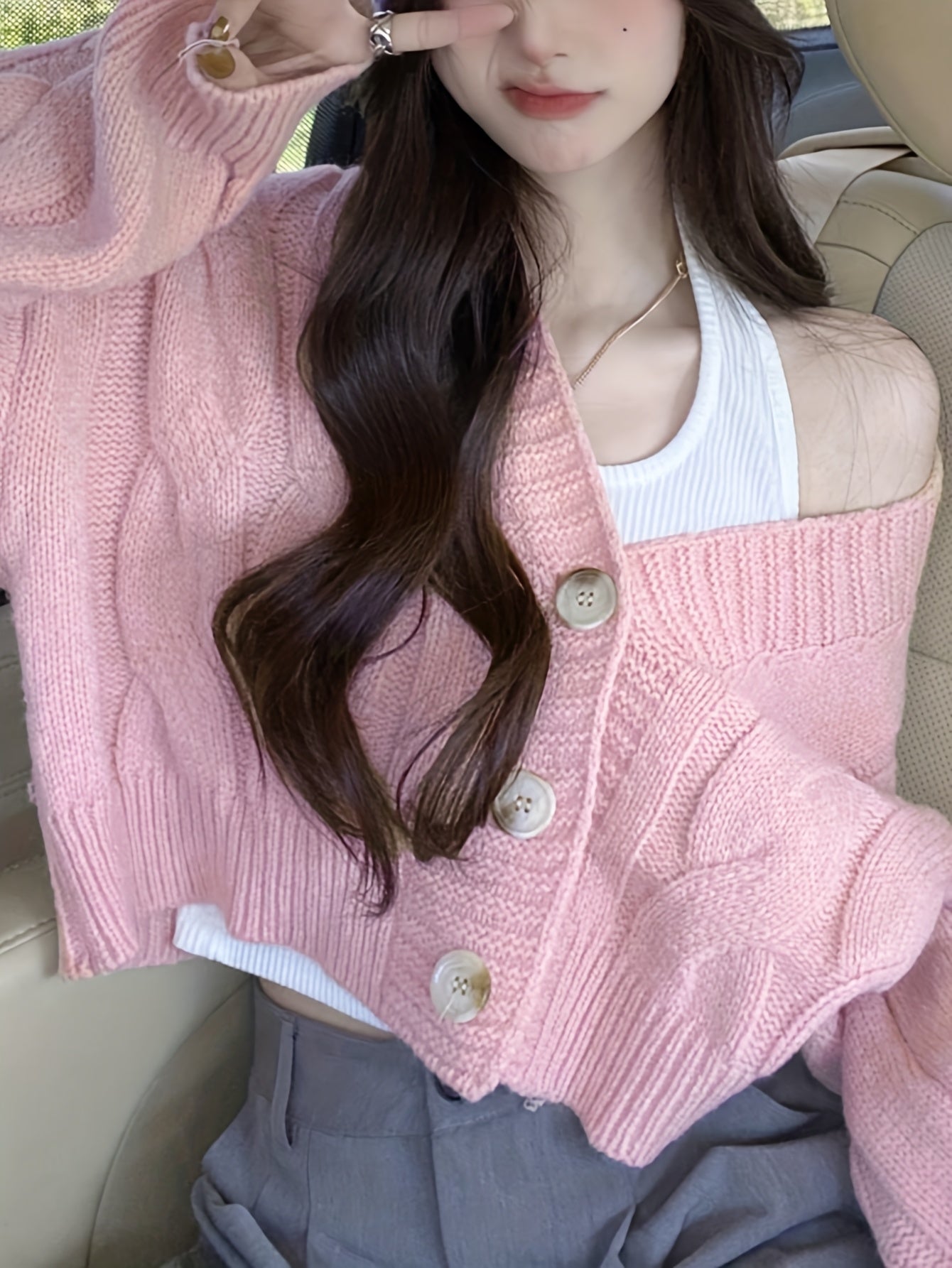 Women's Casual V-Neck Cropped Sweater - High Elasticity Long Sleeve Open Front Button Detail, Loose Fit Solid Color Spring/Fall Layering Essential, Cute Sweaters, Comfortable Knitwear, Durable Knitwear