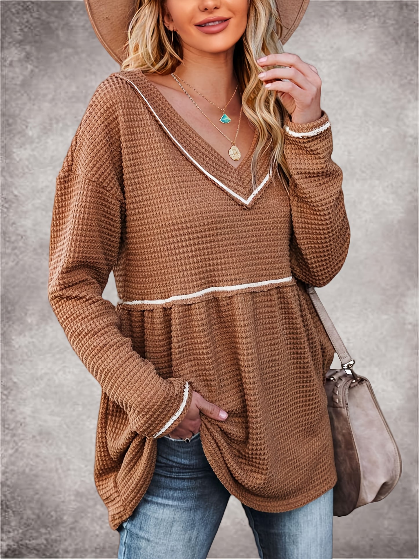 Womens V Neck Waffle Tunic Top Long Sleeve Peplum Pullover Babydoll Casual Flowy Swing Tshirts Pullover Sweaters