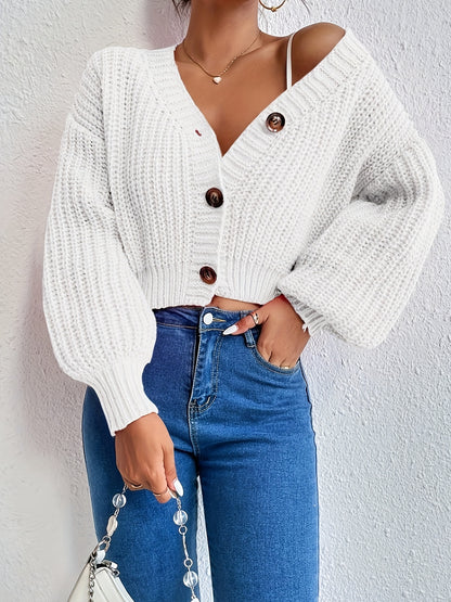 Women's Casual Button-Front Open Collar Sweater with Lantern Sleeves - High Elasticity Drop Shoulder Pullover, Solid Color Fall Winter Knit Top for Casual Attire, Casual Winter Wear | Buttonfront Cardigan | Soft Texture Sweat