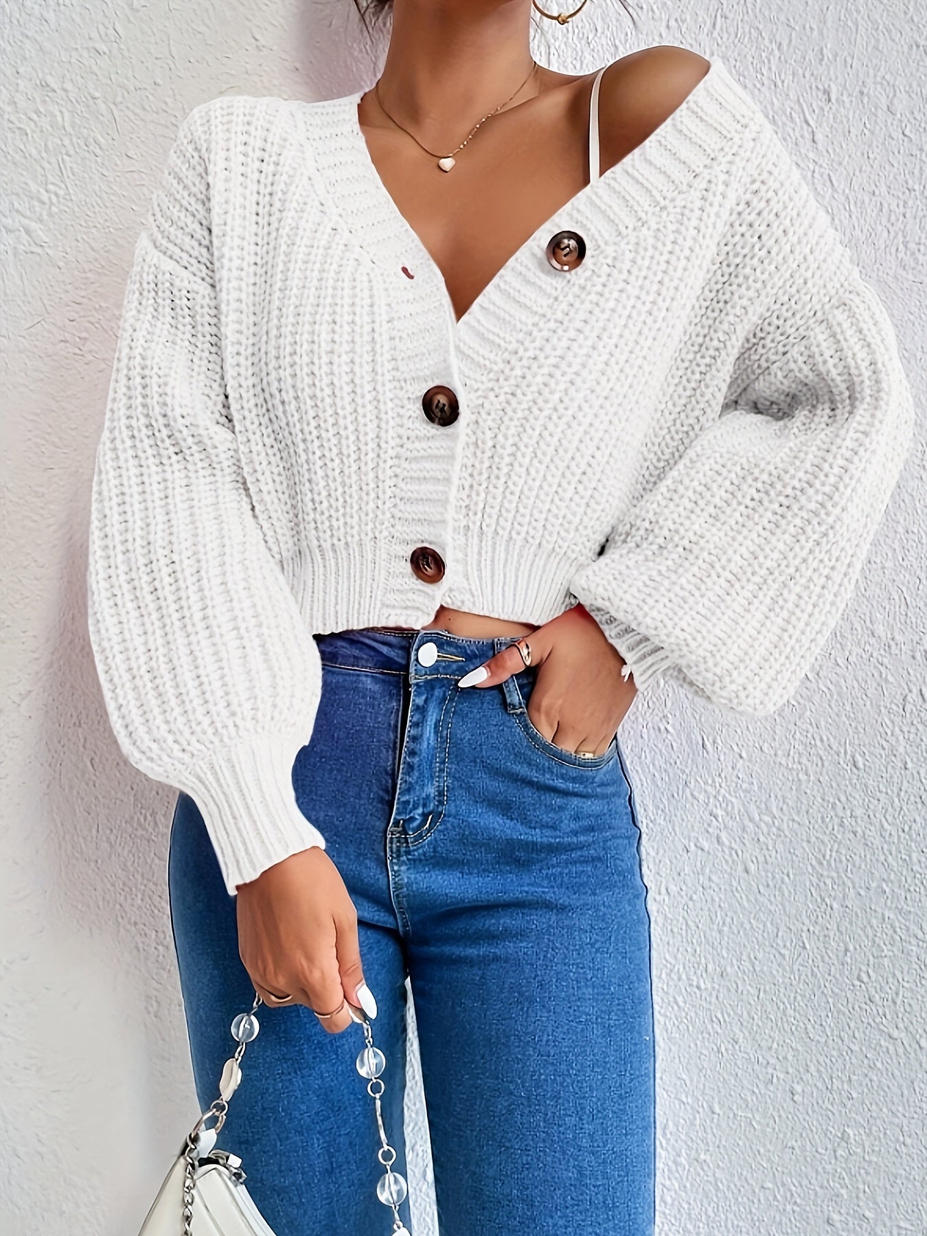 Women's Casual Button-Front Open Collar Sweater with Lantern Sleeves - High Elasticity Drop Shoulder Pullover, Solid Color Fall Winter Knit Top for Casual Attire, Casual Winter Wear | Buttonfront Cardigan | Soft Texture Sweat