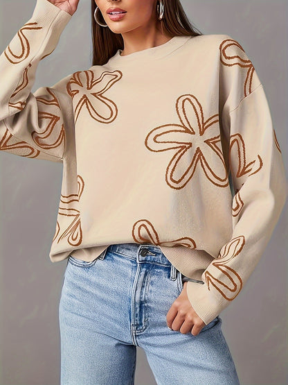 Long Sleeve Floral Print Cable Knit Casual Crewneck Sweaters For Women Pullover Sweater Tops