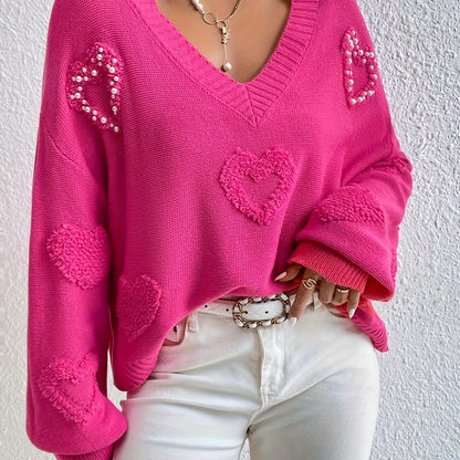 Elegant Women's V-Neck Knit Sweater with Heart Cut-Out Detail - Casual Long Sleeve Pullover, Lightweight Polyester, Perfect for All Seasons, Plus Size Sweaters