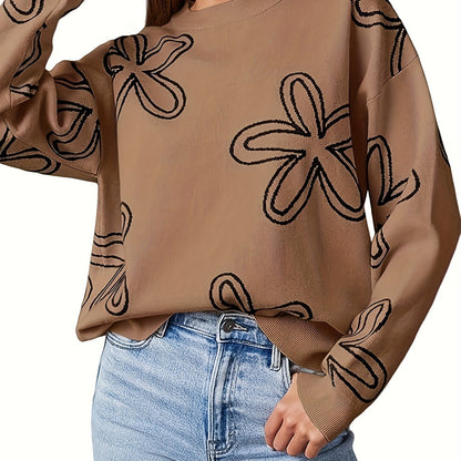 Long Sleeve Floral Print Cable Knit Casual Crewneck Sweaters For Women Pullover Sweater Tops