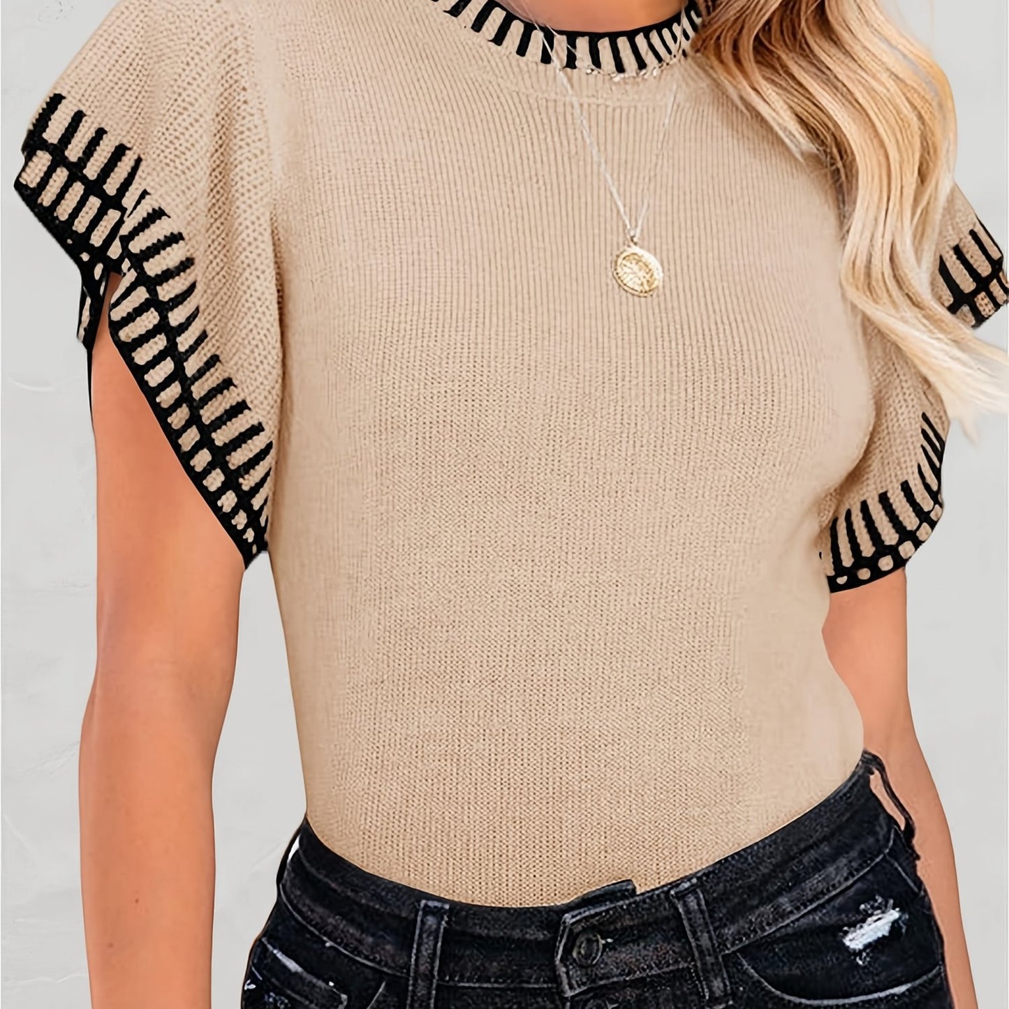 Womens Short Sleeve Sweaters Tops Summer Ruffle Striped Loose Crew Neck Lightweight Soft Shirts Knit Sweater