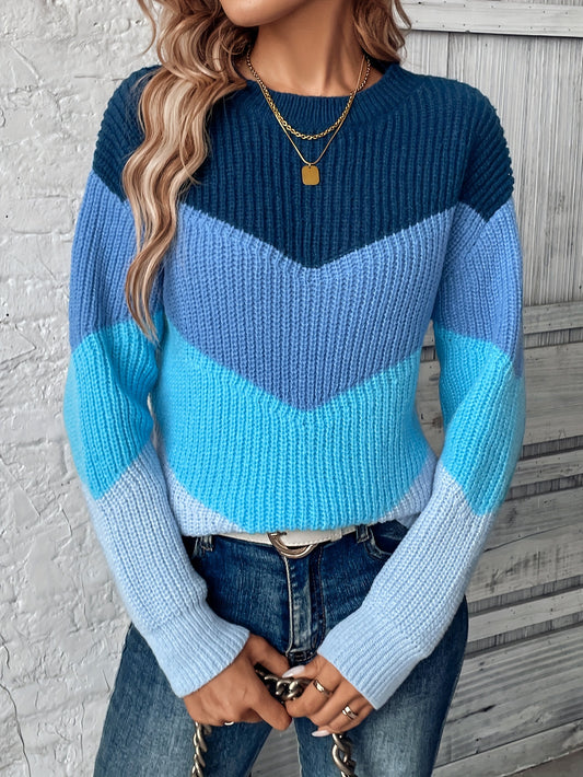 Women's Elegant Color Block Sweater - Soft Long Sleeve Round Neck Pullover with Blue & White Stripes, Cozy Fall Winter Fashion, Versatile Casual to Dressy Outfits, Cute Sweaters, Soft Texture