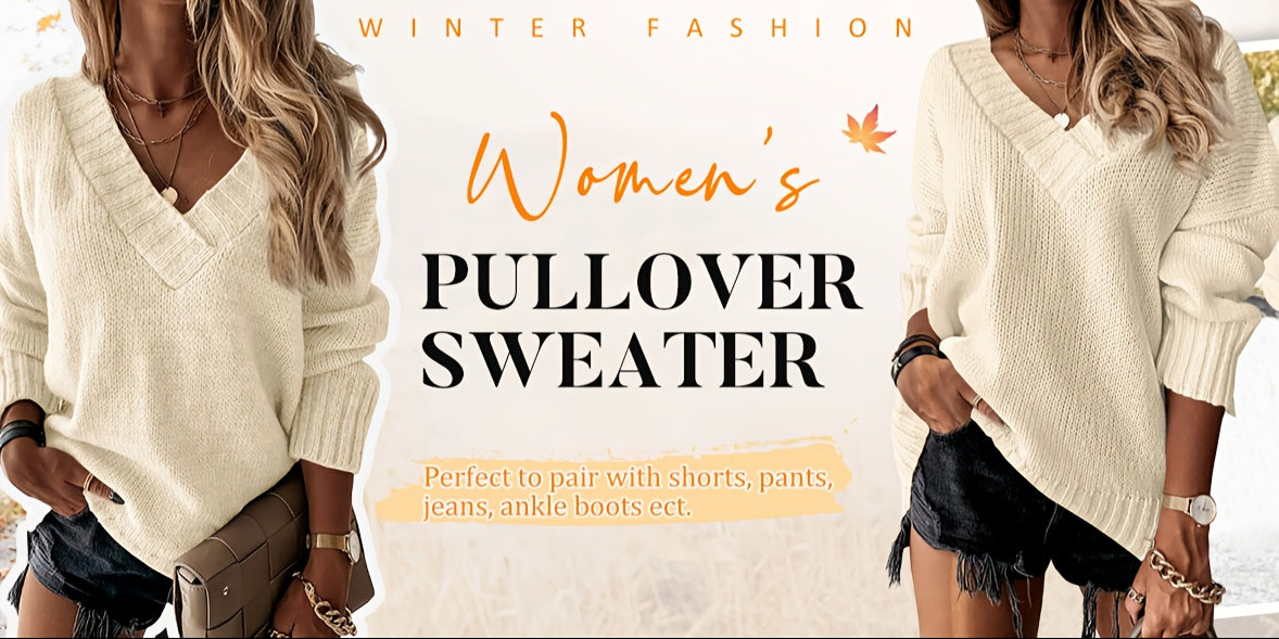 Womens Loose Sweaters - Sexy V Neck Long Sleeve Solid Knitted Jumper Pullover Sweatshirt Tops - Soft & Comfortable Knitted Fabric - For Casual & Chic Outfits - Perfect Gift for Women