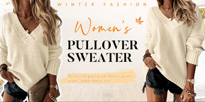 Womens Loose Sweaters - Sexy V Neck Long Sleeve Solid Knitted Jumper Pullover Sweatshirt Tops - Soft & Comfortable Knitted Fabric - For Casual & Chic Outfits - Perfect Gift for Women