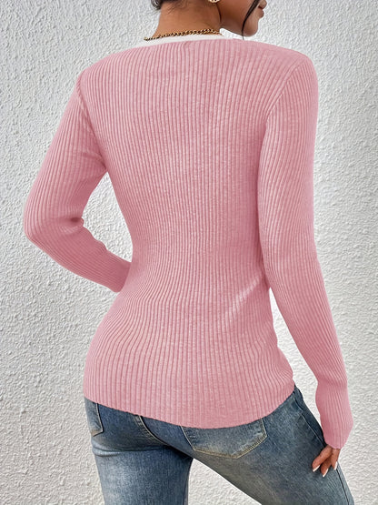 Women'S Elegant Sweater - Long Sleeve V-Neck Pullover Sweater, Soft Sweater for Fall/Winter, Office, Party, Everyday Outfits - Women'S Clothing, Ladies Sweaters, Casual Wear, Buttoned Front Design, Durable Knitwear, Fall Fash