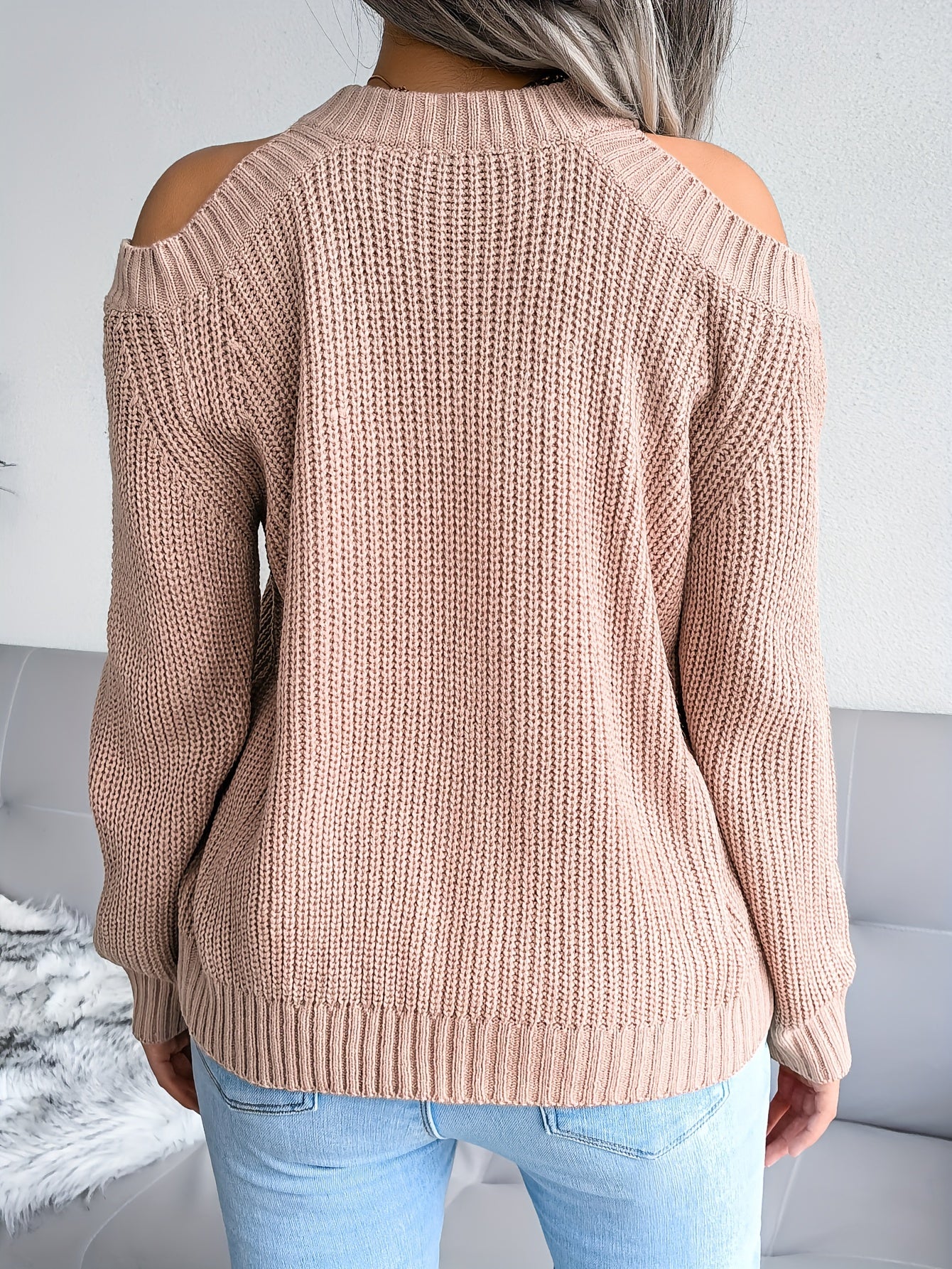 Casual Cold Shoulder Crew Neck Knitted Tops - Solid Color Pullover Sweaters for Women - Everyday Wear