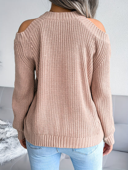 Casual Cold Shoulder Crew Neck Knitted Tops - Solid Color Pullover Sweaters for Women - Everyday Wear