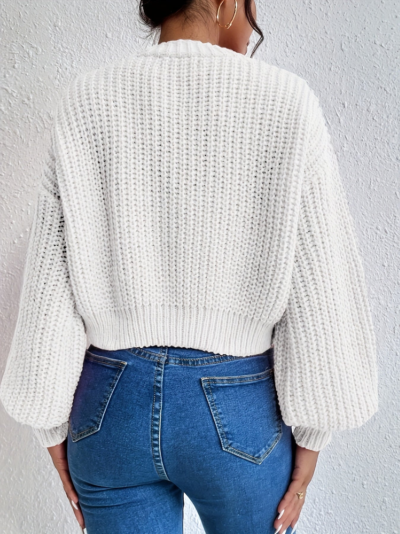 Women's Casual Button-Front Open Collar Sweater with Lantern Sleeves - High Elasticity Drop Shoulder Pullover, Solid Color Fall Winter Knit Top for Casual Attire, Casual Winter Wear | Buttonfront Cardigan | Soft Texture Sweat