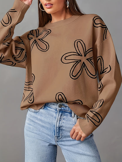 Long Sleeve Floral Print Cable Knit Casual Crewneck Sweaters For Women Pullover Sweater Tops