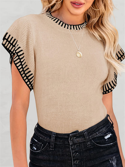 Womens Short Sleeve Sweaters Tops Summer Ruffle Striped Loose Crew Neck Lightweight Soft Shirts Knit Sweater