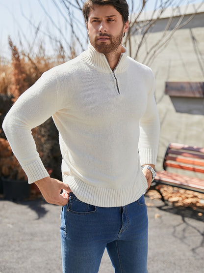 Men's Casual Zip-Up High Neck Sweater - Long Sleeve, Stretch Knit Pullover in Light Color, Machine Washable for Fall/Winter, Plus Size Sweaters