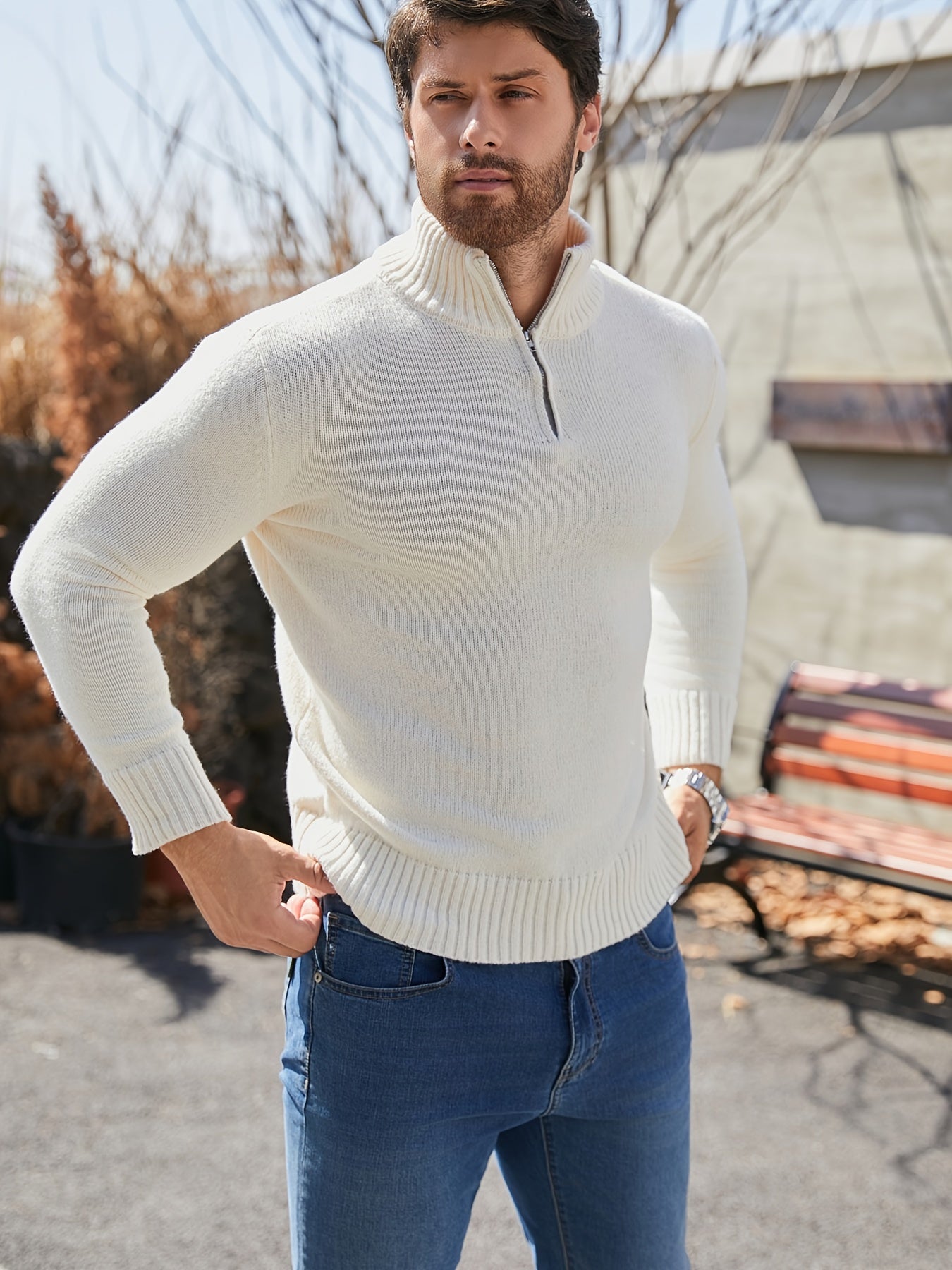 Men's Casual Zip-Up High Neck Sweater - Long Sleeve, Stretch Knit Pullover in Light Color, Machine Washable for Fall/Winter, Plus Size Sweaters
