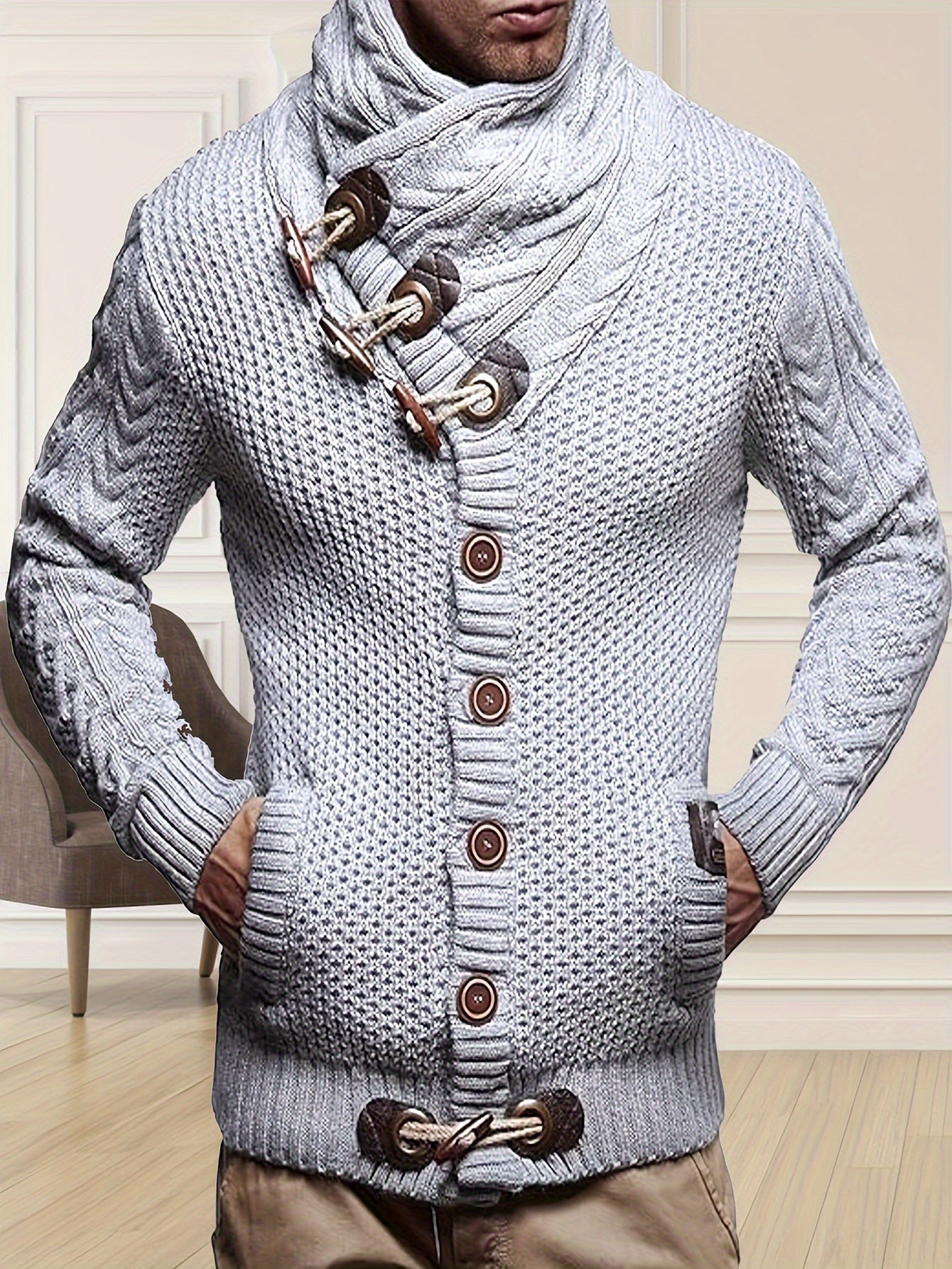 Men'S Knitted Jacket Turtleneck Cardigan Winter Pullover Hoodies Casual Sweaters Jumper