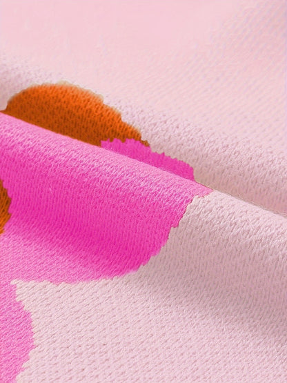 Women's Floral Jacquard Sweater - Bright Pink Oversized Pullover with Orange & White Floral Pattern, Round Neck Long Sleeve Cozy Fall Winter Casual Chic Wardrobe Essential, Ladies Sweaters