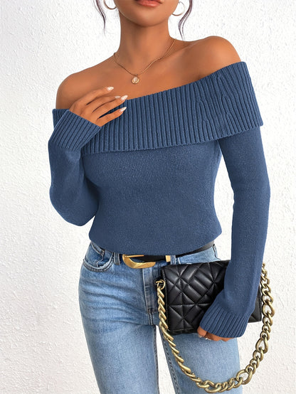 Long Sleeve Y2K Off Shoulder Ribbed Knit Fitted Pullover Women's Fall Sweaters Tops Blouse