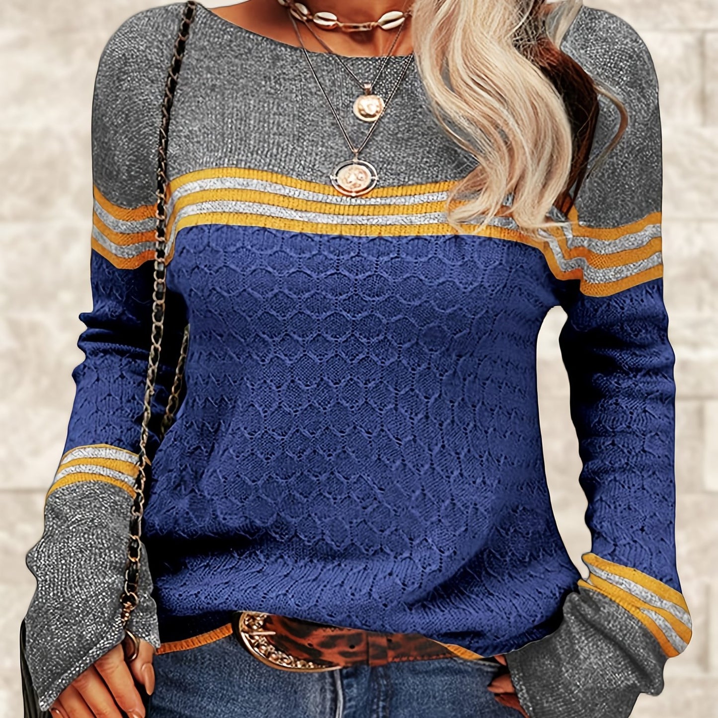 Women Autumn Winter Colorblock Pullover Sweaters Round Neck Striped Slim Fitting Knitwear Tops