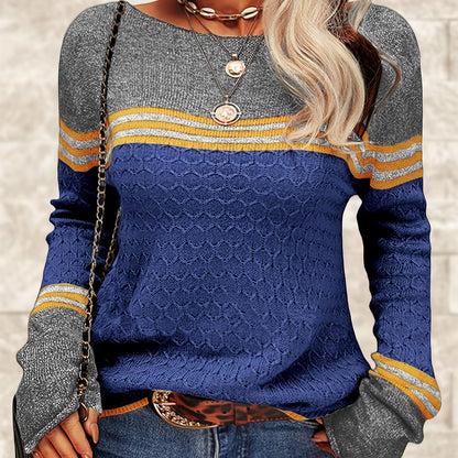 Women Autumn Winter Colorblock Pullover Sweaters Round Neck Striped Slim Fitting Knitwear Tops