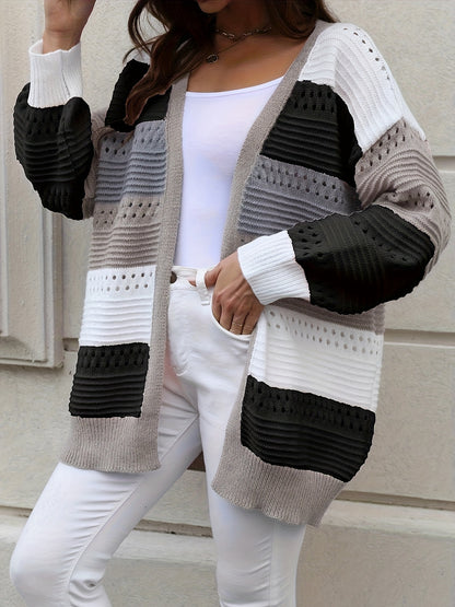 Casual Autumn Wear| Women's Plus Size Color Block Open Front Cardigan - Casual V-Neck, Eyelet Detail, Long Sleeve, Knit Sweater - Machine Washable, Polyester - Ideal for Fall/Winter, Fall Sweaters
