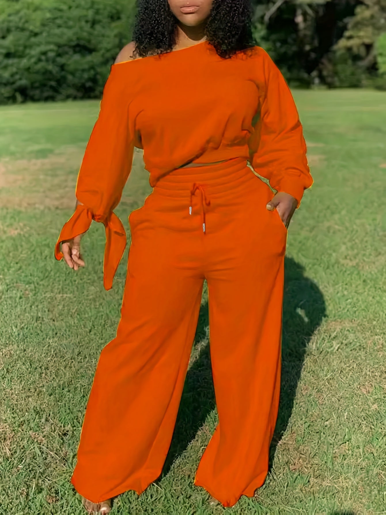 Women'S Solid Color Casual 2pcs Set, Women'S Spring And Autumn Casual Asymmetry, Drawstring, Pocket Three-quarter Length Sleeve Loose Black Bat Sleeve Sweatshirt Sweatpants Women'S Two-piece Outfit, Casual Everyday Wear