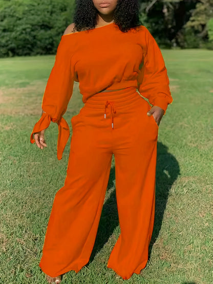 Women'S Solid Color Casual 2pcs Set, Women'S Spring And Autumn Casual Asymmetry, Drawstring, Pocket Three-quarter Length Sleeve Loose Black Bat Sleeve Sweatshirt Sweatpants Women'S Two-piece Outfit, Casual Everyday Wear