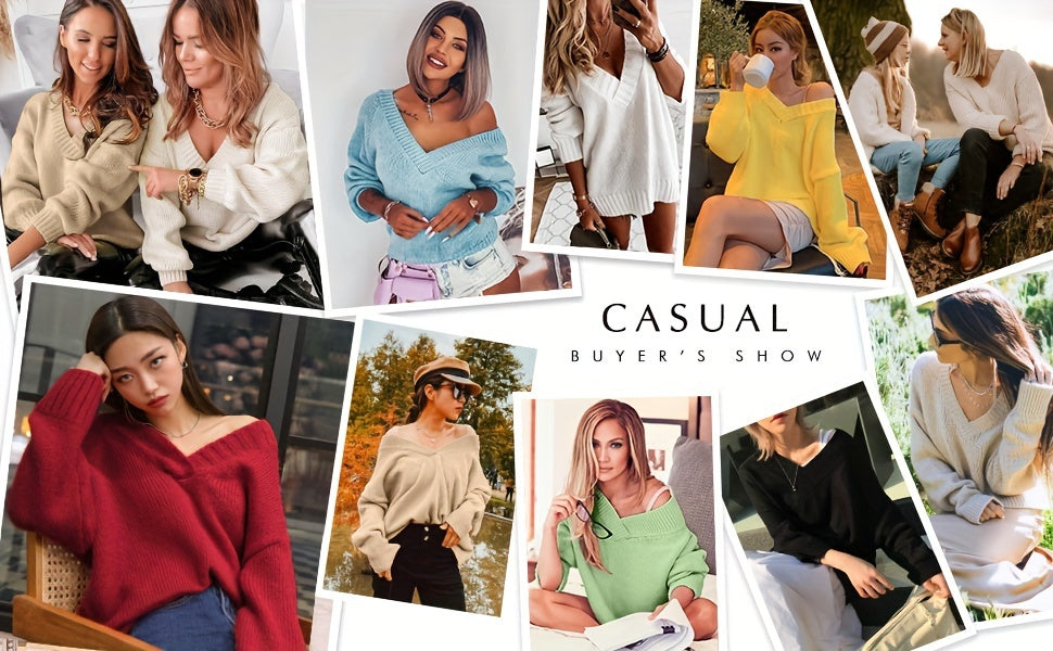 Womens Loose Sweaters Sexy V Neck Long Sleeve Solid Knitted Jumper Pullover Sweatshirt Tops