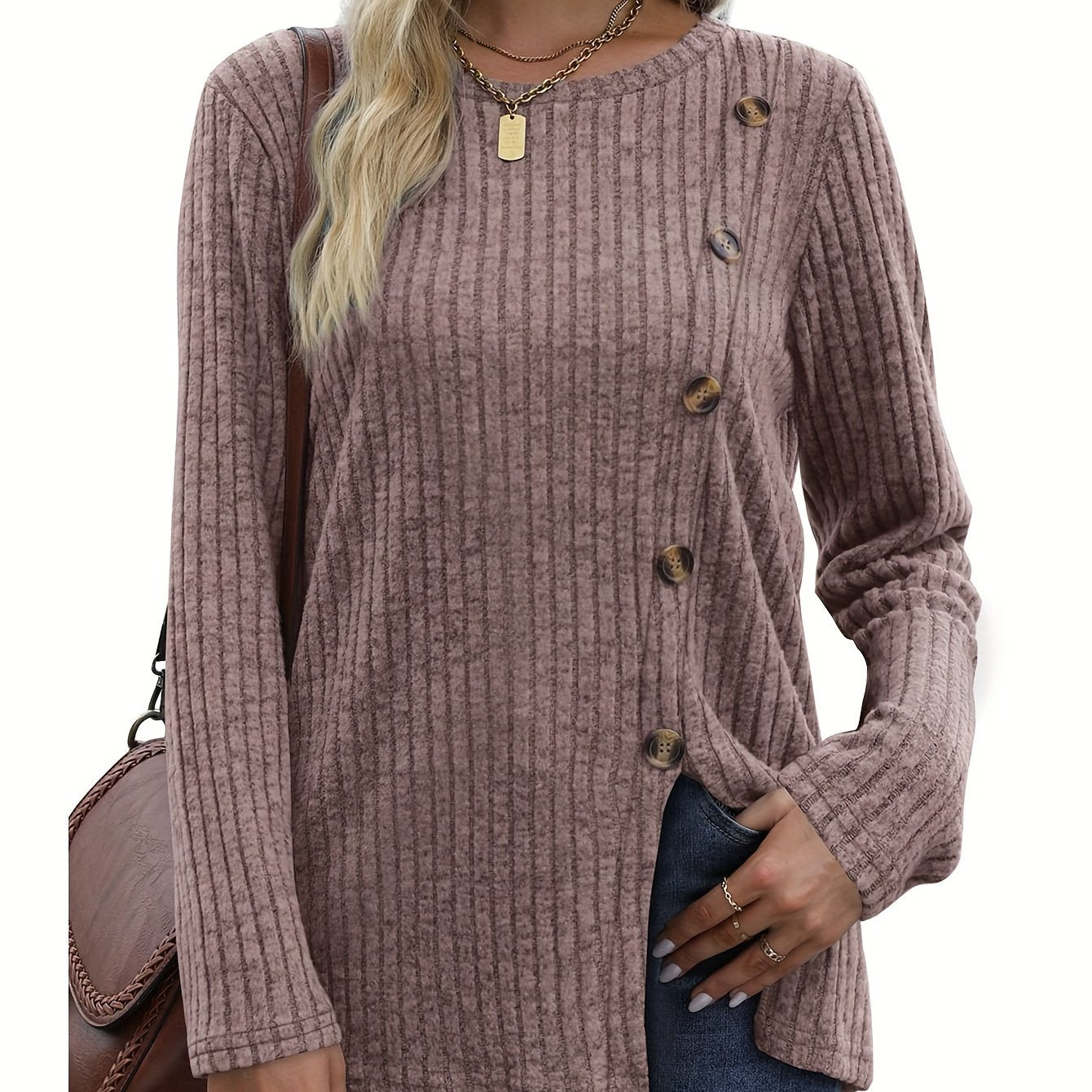 Women's Long Sleeve Crew Neck Tunic Tops Buttons Side Pullover Sweaters Fall Winter