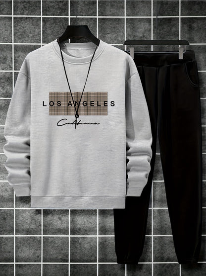 2-Piece Cozy Script Print Sweatshirt & Sweatpants Set - Soft, Trendy, and Comfy Outfits for Boys - Ideal for Fall, Winter, Daily Life, and Outdoor Activities in Los Angeles and California Style