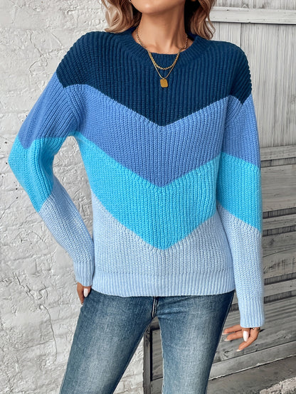 Women's Elegant Color Block Sweater - Soft Long Sleeve Round Neck Pullover with Blue & White Stripes, Cozy Fall Winter Fashion, Versatile Casual to Dressy Outfits, Cute Sweaters, Soft Texture