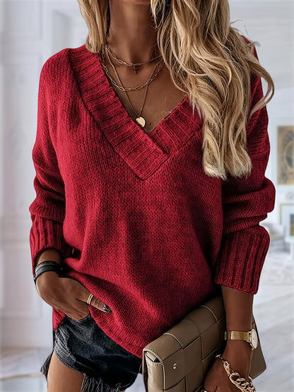 Womens Loose Sweaters Sexy V Neck Long Sleeve Solid Knitted Jumper Pullover Sweatshirt Tops