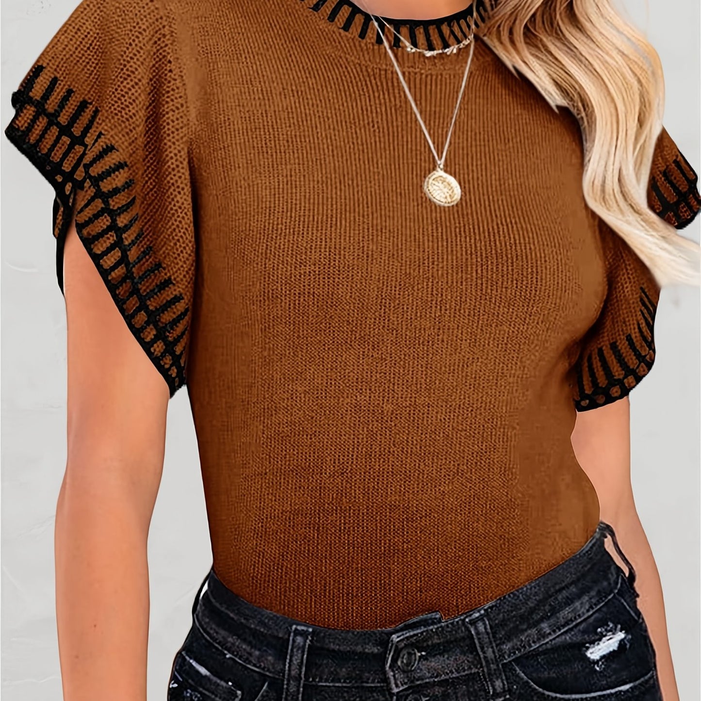 Womens Short Sleeve Sweaters Tops Summer Ruffle Striped Loose Crew Neck Lightweight Soft Shirts Knit Sweater