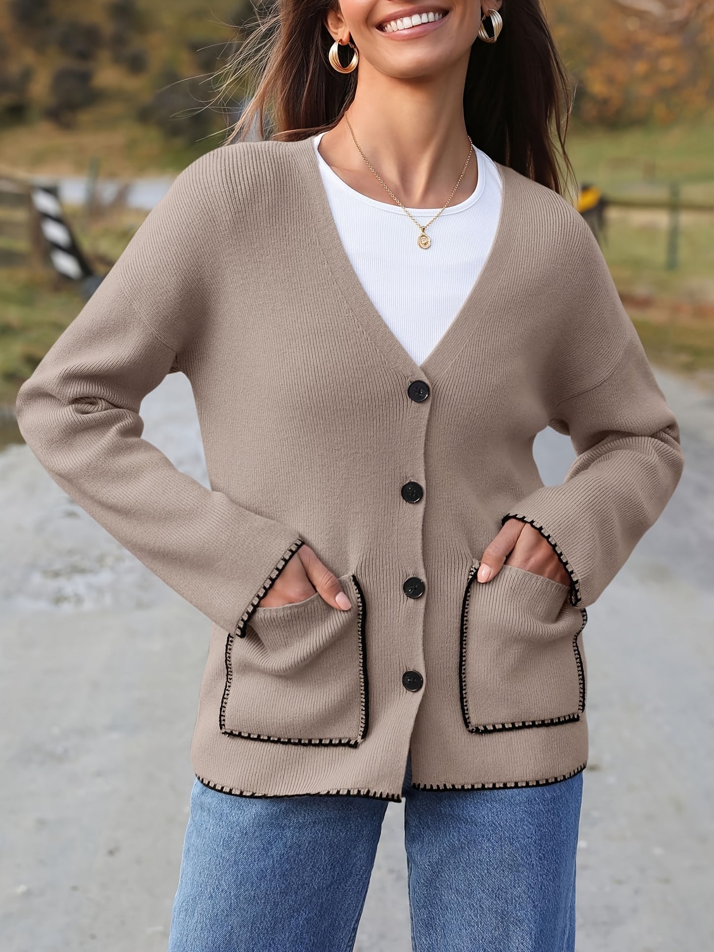 Womens Button Up Cardigan Sweaters Fall Trendy Knit Open Front Casual Loose Sweater Coat With Pockets