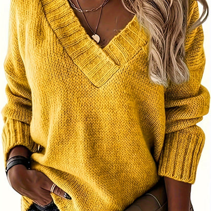 Womens Loose Sweaters - Sexy V Neck Long Sleeve Solid Knitted Jumper Pullover Sweatshirt Tops - Soft & Comfortable Knitted Fabric - For Casual & Chic Outfits - Perfect Gift for Women