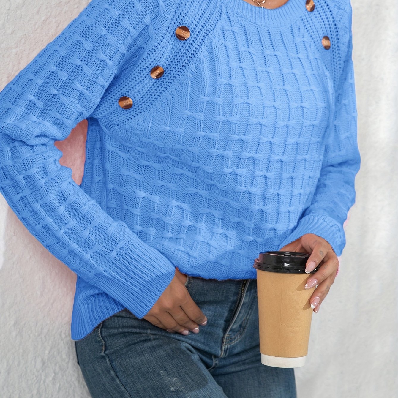 Women's Elegant 3D Bow Button Detail Sweater - Soft Long Sleeve Round Neck Pullover, Solid Color Regular Fit Fall Winter Cozy Top, Cute Sweaters