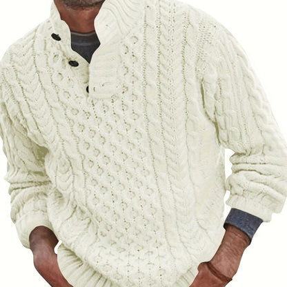 Chunky Stand Collar Pullover Sweater - Men's Winter Fashion Cable Knitted Thermal Sweaters with Buttons and Twisted Design - Cozy and Warm for Cold Weather