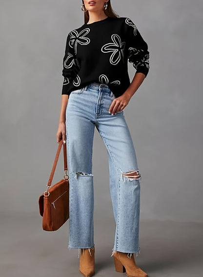 Long Sleeve Floral Print Cable Knit Casual Crewneck Sweaters For Women Pullover Sweater Tops