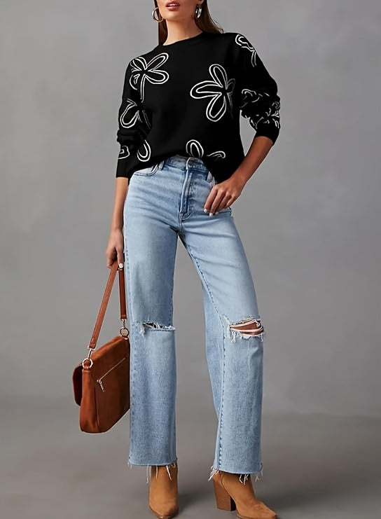 Long Sleeve Floral Print Cable Knit Casual Crewneck Sweaters For Women Pullover Sweater Tops