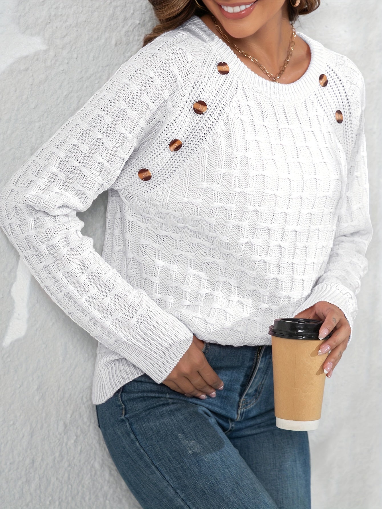 Women's Elegant 3D Bow Button Detail Sweater - Soft Long Sleeve Round Neck Pullover, Solid Color Regular Fit Fall Winter Cozy Top, Cute Sweaters