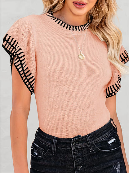 Womens Short Sleeve Sweaters Tops Summer Ruffle Striped Loose Crew Neck Lightweight Soft Shirts Knit Sweater