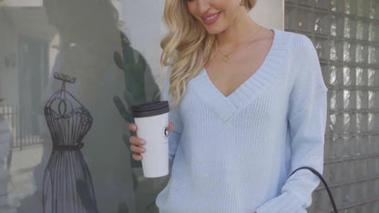 Womens Loose Sweaters - Sexy V Neck Long Sleeve Solid Knitted Jumper Pullover Sweatshirt Tops - Soft & Comfortable Knitted Fabric - For Casual & Chic Outfits - Perfect Gift for Women