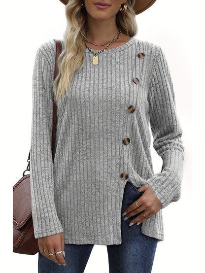 Women's Long Sleeve Crew Neck Tunic Tops Buttons Side Pullover Sweaters Fall Winter