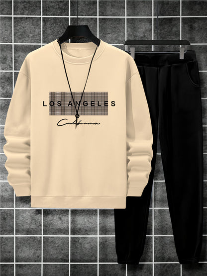 2-Piece Cozy Script Print Sweatshirt & Sweatpants Set - Soft, Trendy, and Comfy Outfits for Boys - Ideal for Fall, Winter, Daily Life, and Outdoor Activities in Los Angeles and California Style
